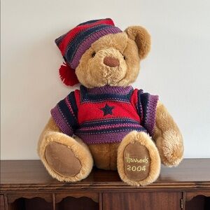Harrods Red and Purple Stuffed Bear from 2004, 15” seated